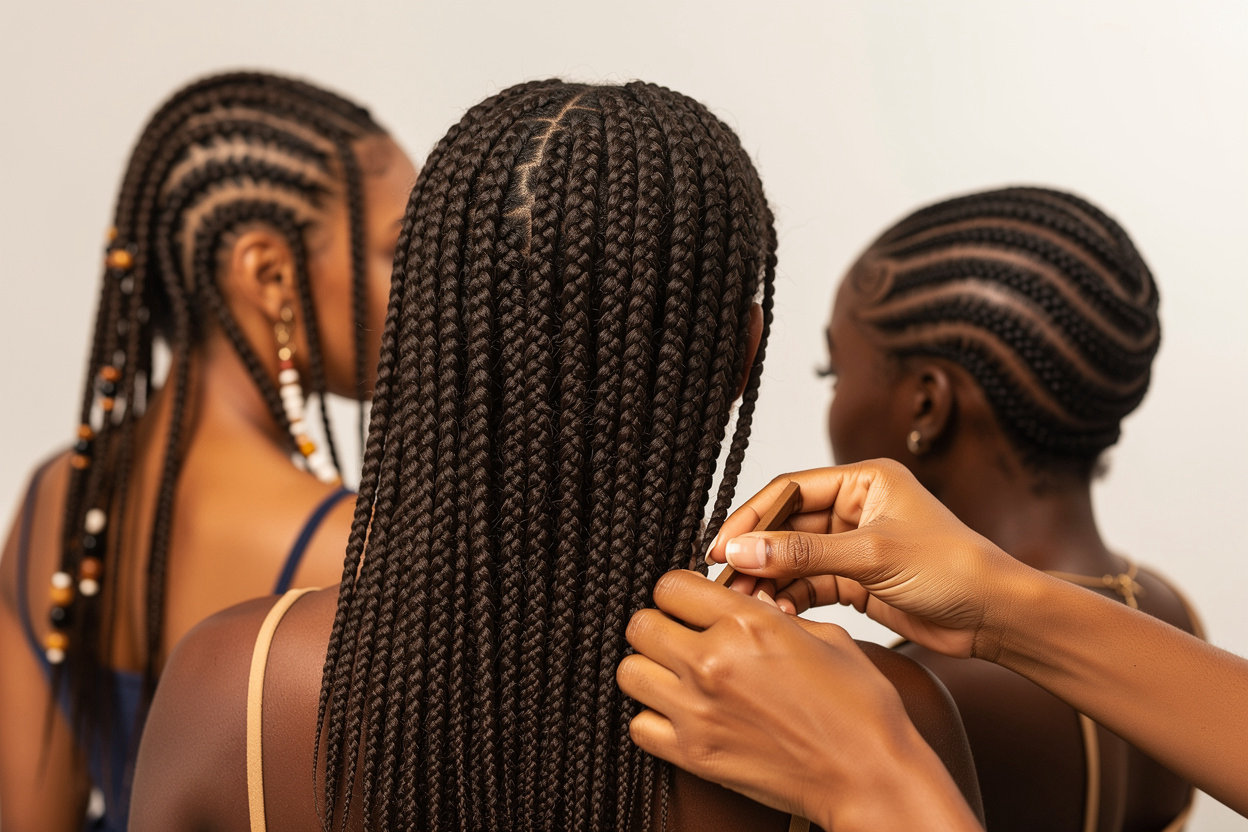 Yuma's Hair Braiding professional African braiding styles showcase—knotless braids, box braids, and protective styles in Atlanta